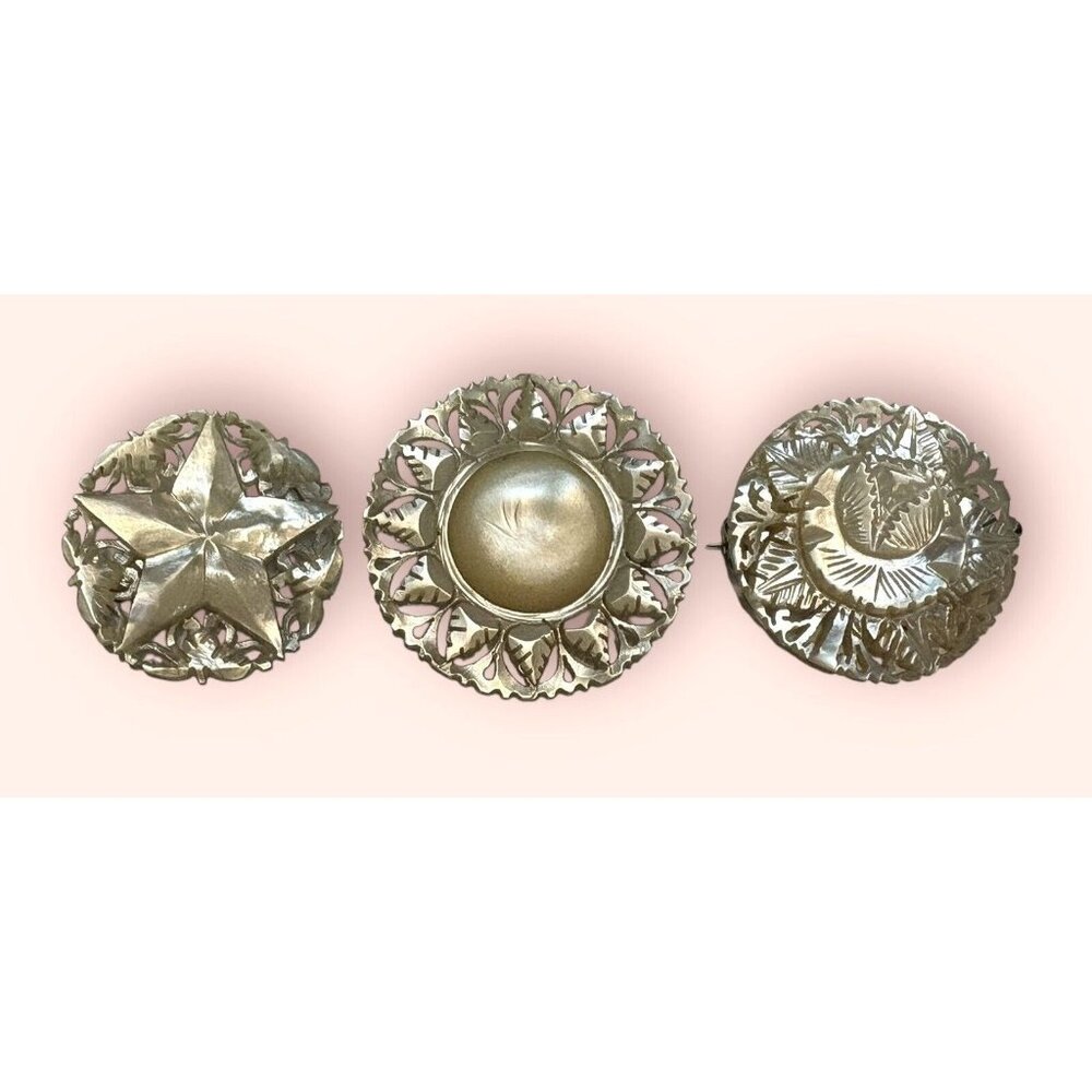 Set Of 3 VTG Mother of Pearl Bethlehem Brooch Pin Lot Carved Round Star Floral